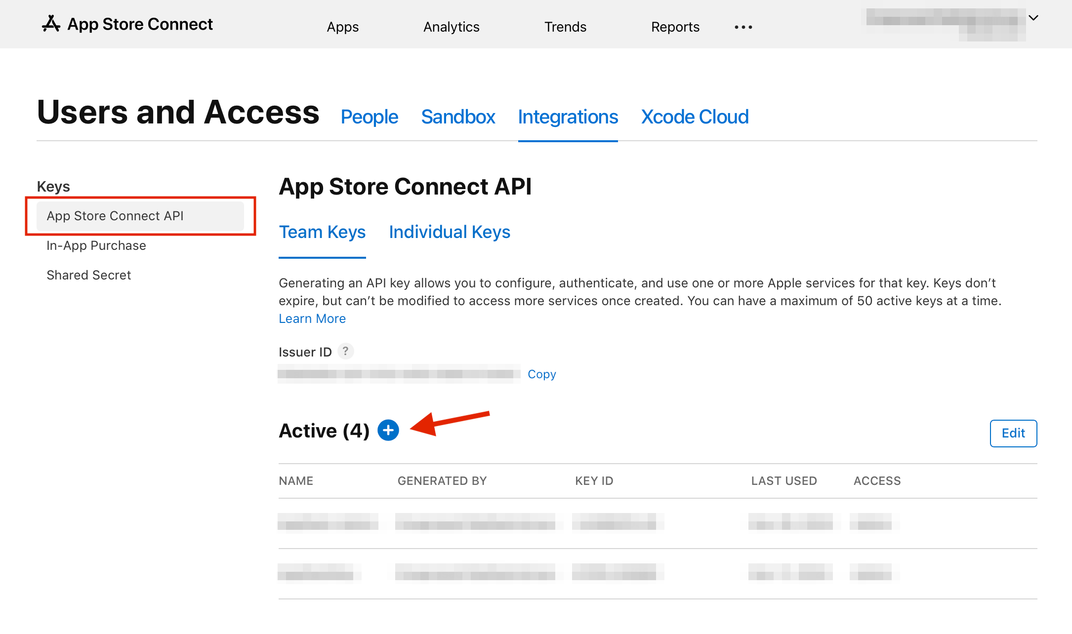 App Store Connect - Navigate to Users and Access, Integrations, App Store Connect API