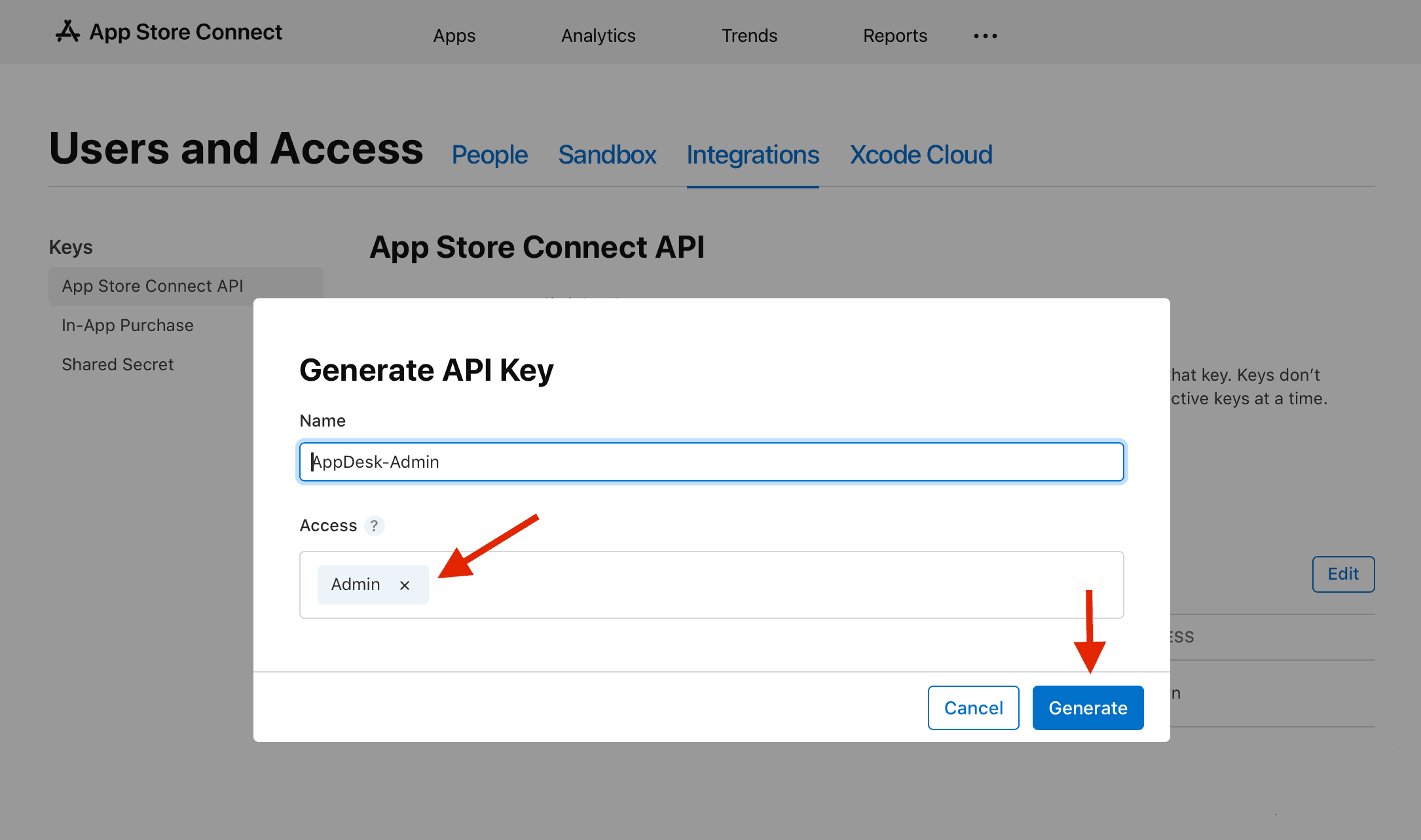 App Store Connect - Generate API Key with name and access level